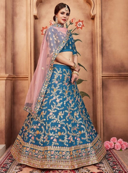 Blue art silk heavy embroidered bridal lehenga choli