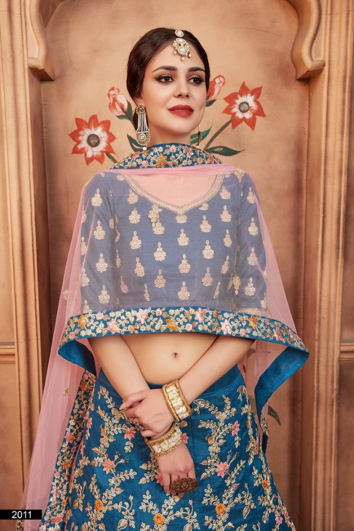 Blue art silk heavy embroidered bridal lehenga choli