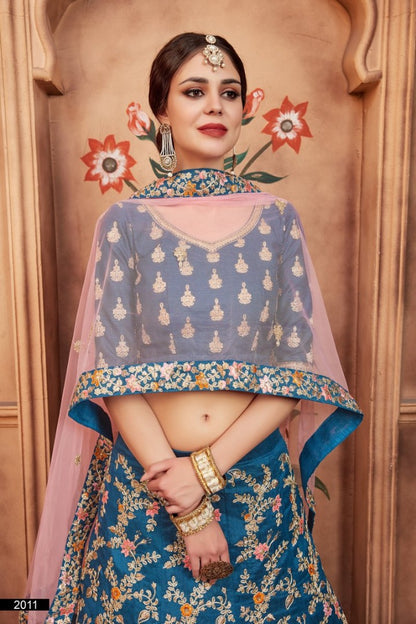 Blue art silk heavy embroidered bridal lehenga choli