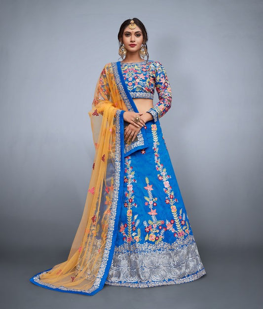 Blue art silk multicolored embroidered ceremonial lehenga