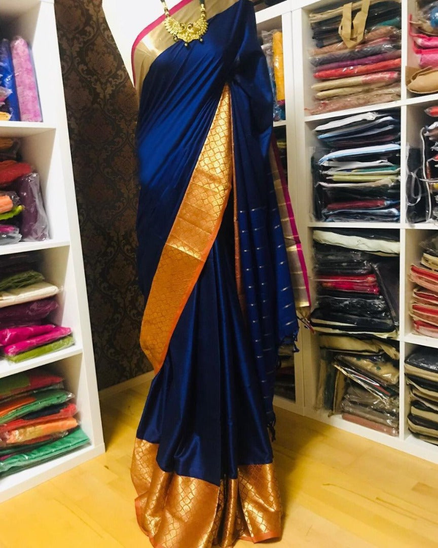 Blue banarasi silk jacquard broder saree