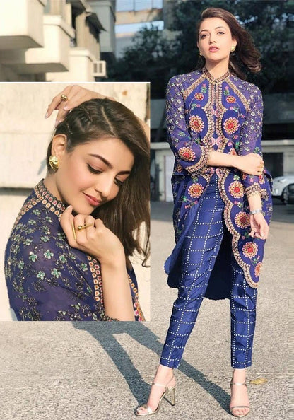 blue banarasi silk printed pant suit