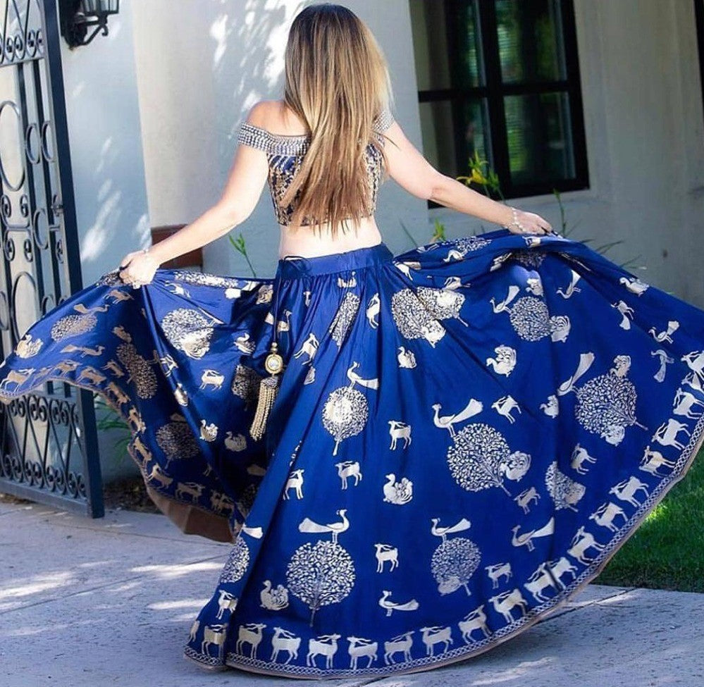 blue banarasi slub silk digital printed lehenga choli