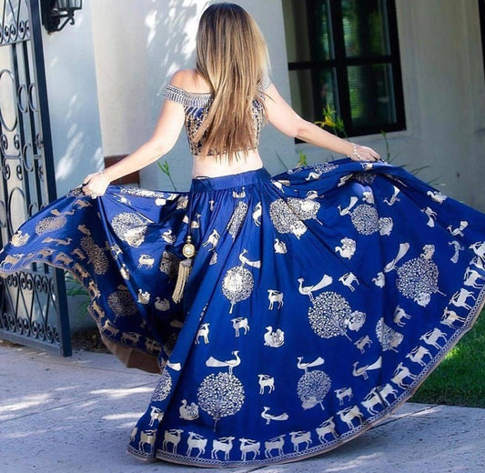 blue banarasi slub silk digital printed lehenga choli