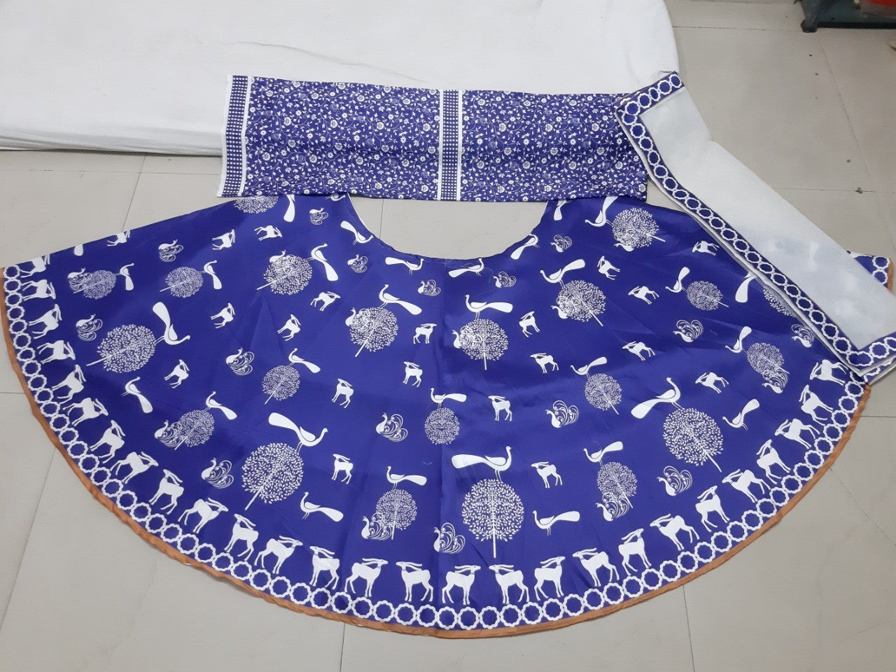 blue banarasi slub silk digital printed lehenga choli