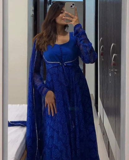 Blue bandhni printed anarkali suit