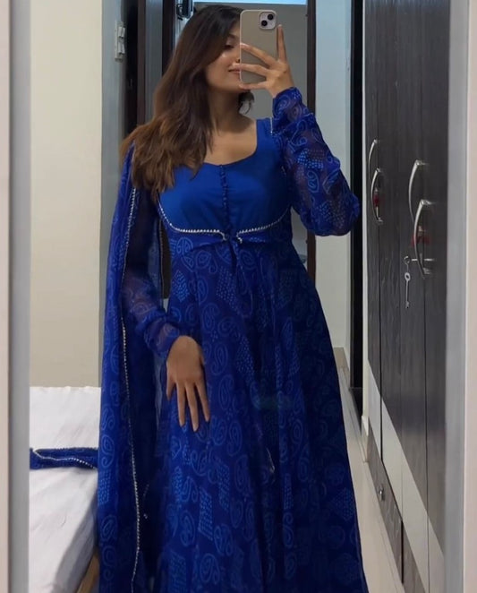Blue bandhni printed anarkali suit