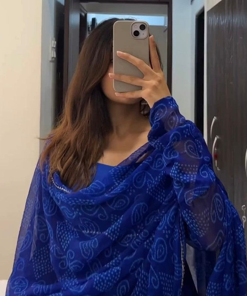 Blue bandhni printed anarkali suit