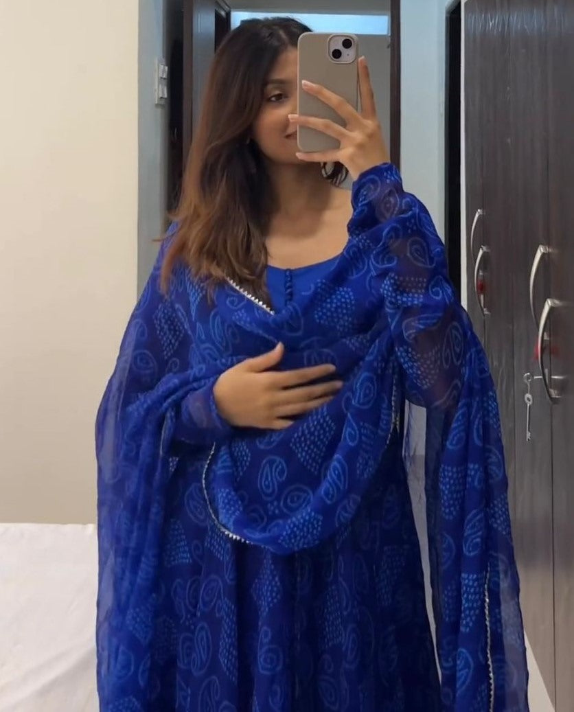 Blue bandhni printed anarkali suit