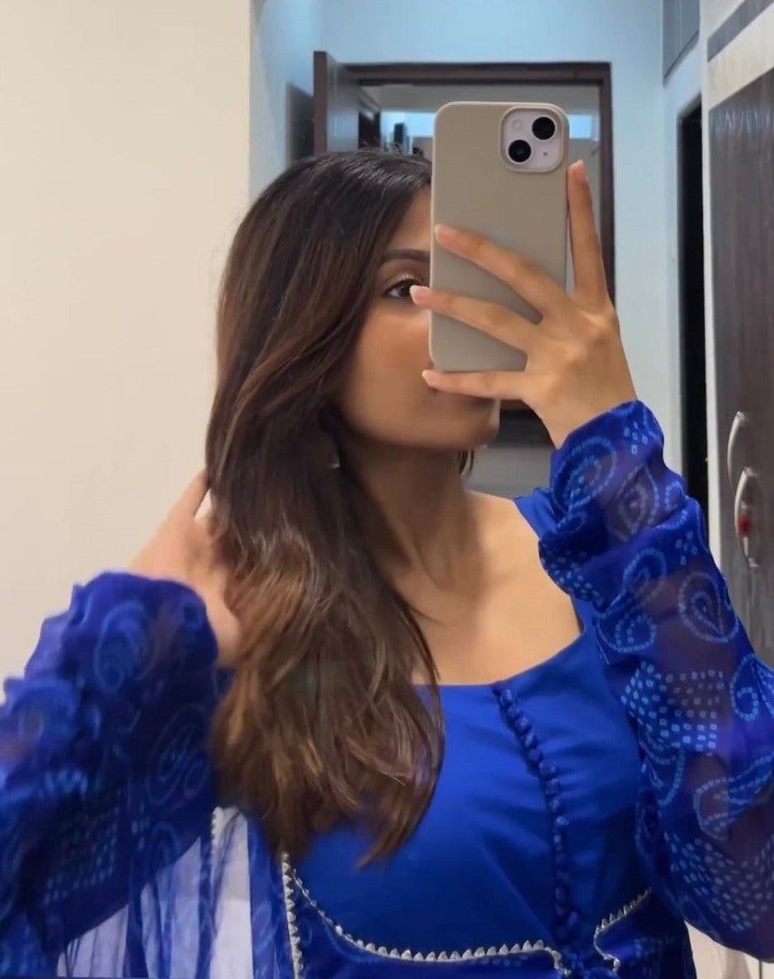 Blue bandhni printed anarkali suit