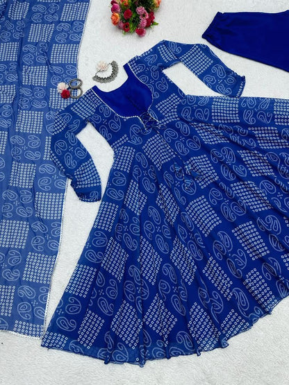 Blue bandhni printed anarkali suit