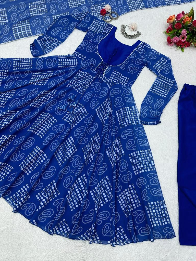 Blue bandhni printed anarkali suit