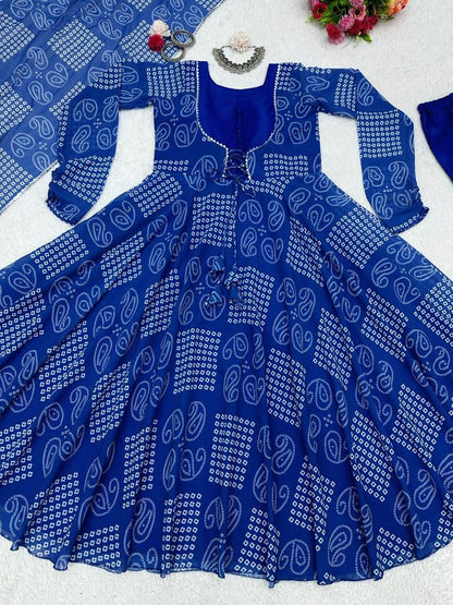 Blue bandhni printed anarkali suit