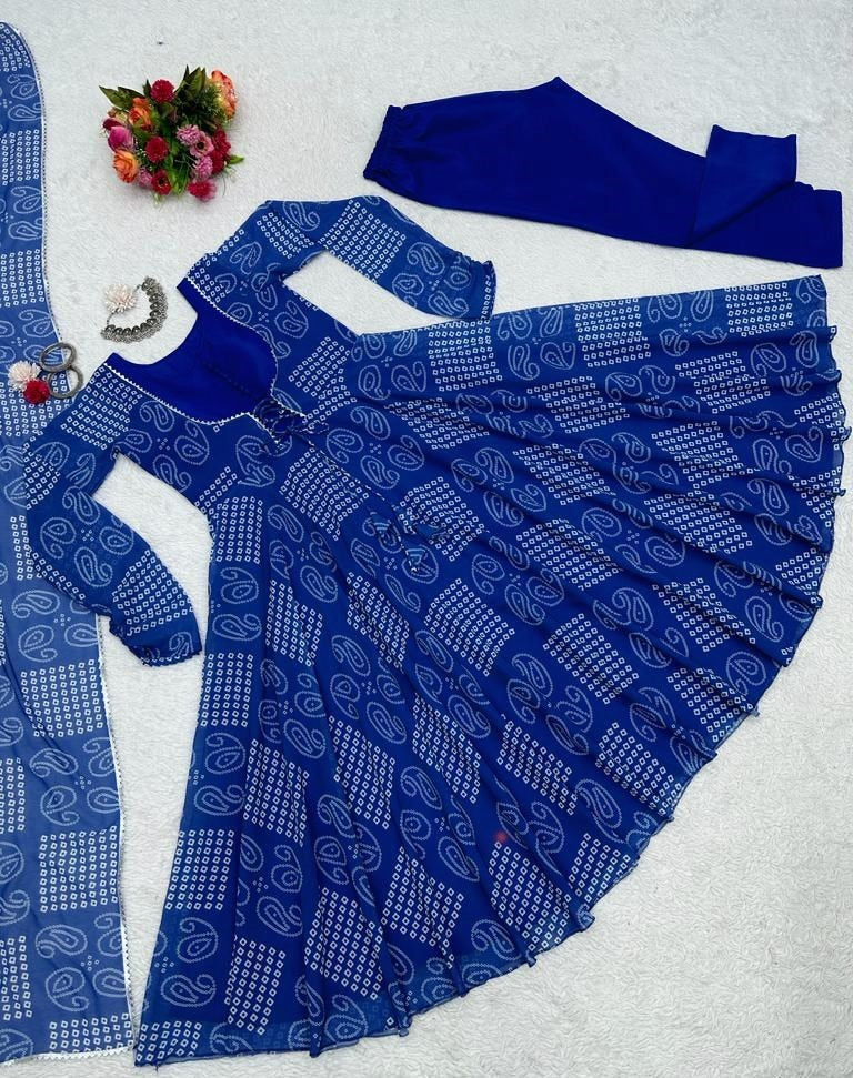 Blue bandhni printed anarkali suit