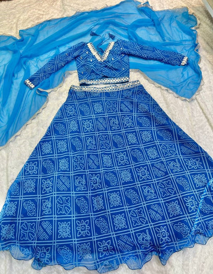 Blue bandhni printed gujarati garba navratri lehenga chaniya choli