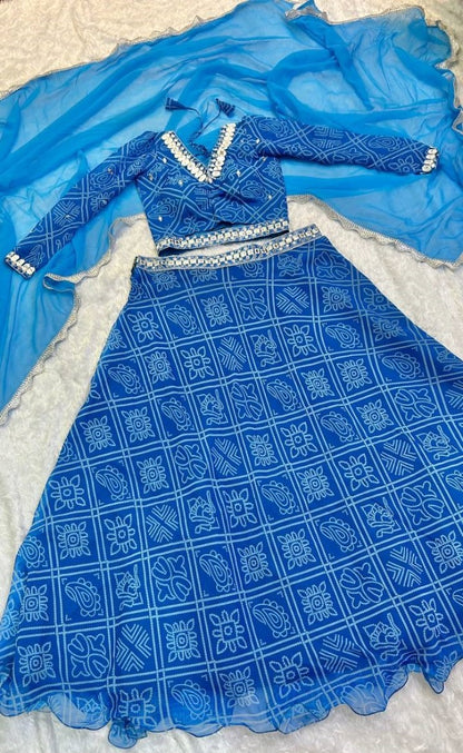 Blue bandhni printed gujarati garba navratri lehenga chaniya choli