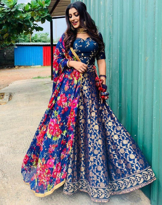 Blue banglori satin printed ceremonial lehenga choli
