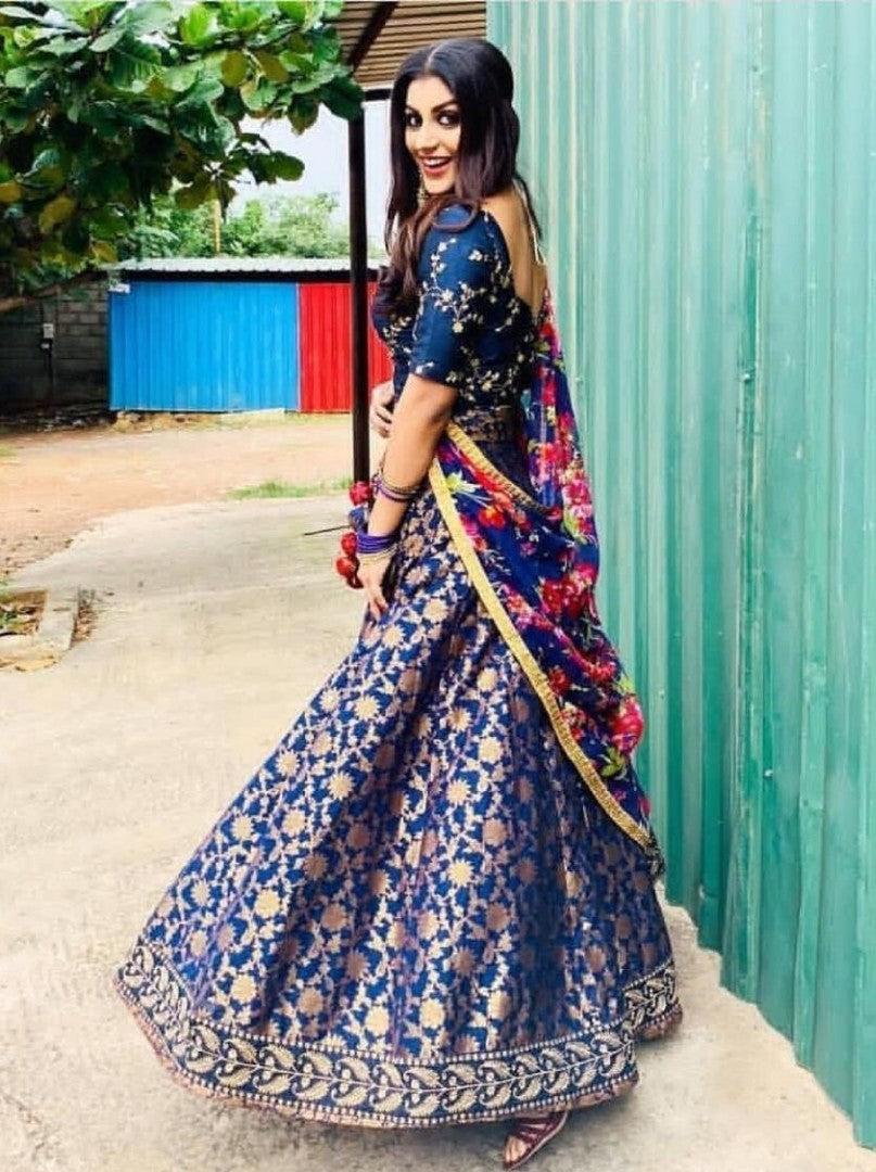 Blue banglori satin printed ceremonial lehenga choli