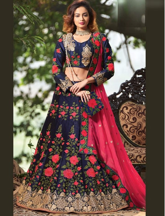 Blue banglori satin silk heavy embroidered wedding lehenga