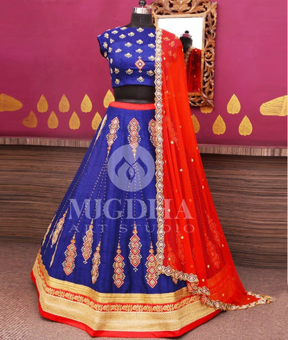 blue banglori silk embroidered ceremonial lehenga