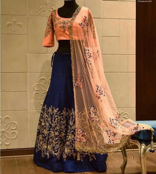 blue banglori silk embroidered wedding lehenga