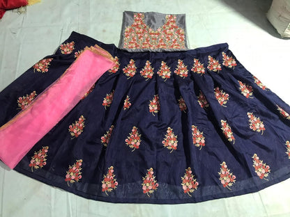 Blue banglori silk multicolor threadwork wedding lehenga