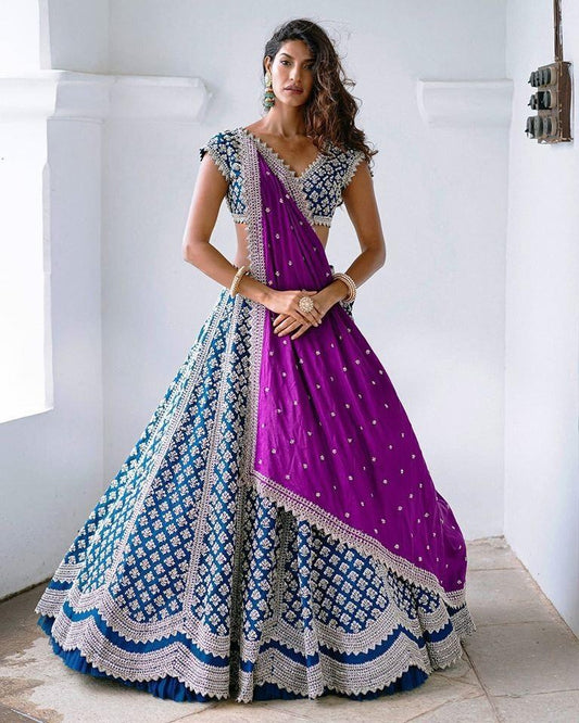 Blue banglory silk embroidery work wedding lehenga choli