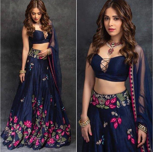 blue banglory silk multicolored embroidered bollywood style ceremonial lehenga