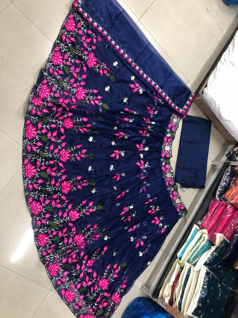 blue banglory silk multicolored embroidered bollywood style ceremonial lehenga