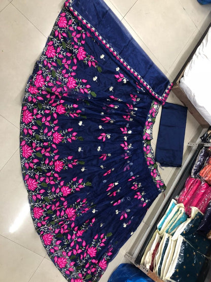 blue banglory silk multicolored embroidered bollywood style ceremonial lehenga