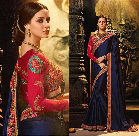 Blue blooming georgette embroidered partywear saree