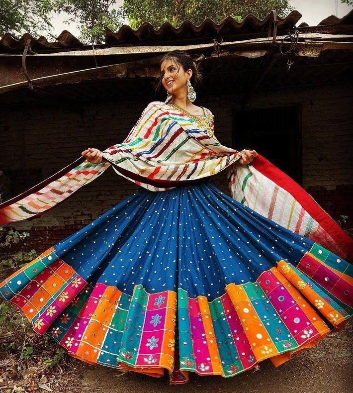 Blue butter silk digital print and mirror work navratri festival lehenga choli