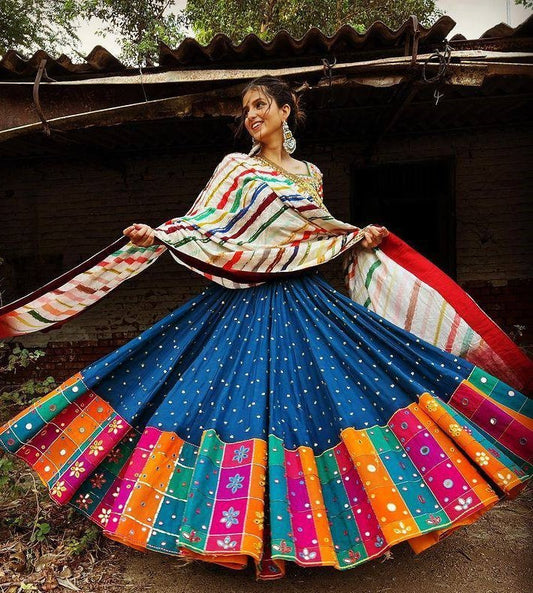 Blue butter silk digital print and mirror work navratri festival lehenga choli