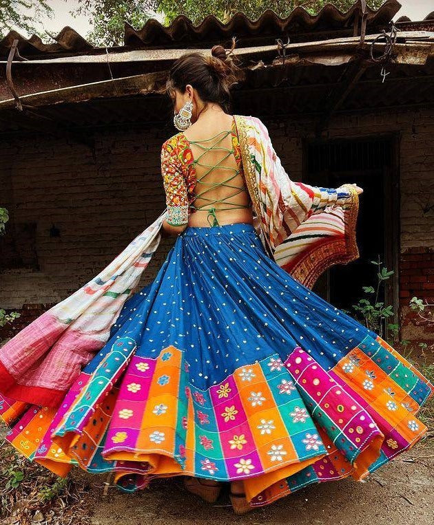 Blue butter silk digital print and mirror work navratri festival lehenga choli