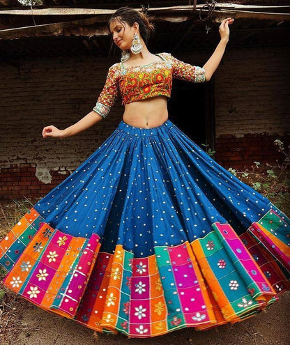 Blue butter silk digital print and mirror work navratri festival lehenga choli