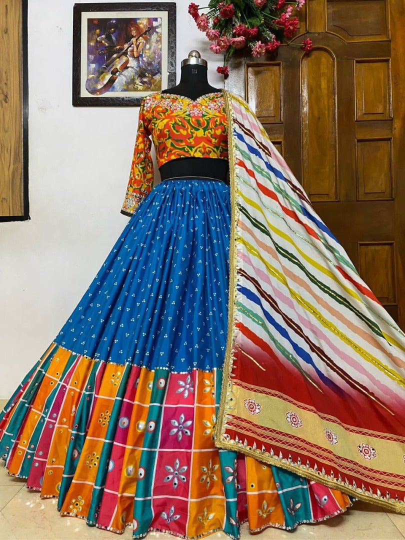 Blue butter silk digital print and mirror work navratri festival lehenga choli