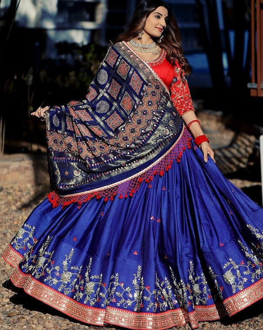 Blue butter silk embroidered lehenga choli with printed dupatta