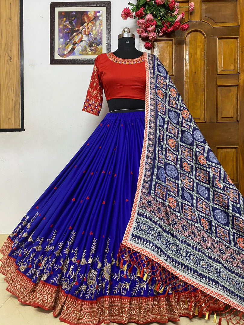 Blue butter silk embroidered lehenga choli with printed dupatta