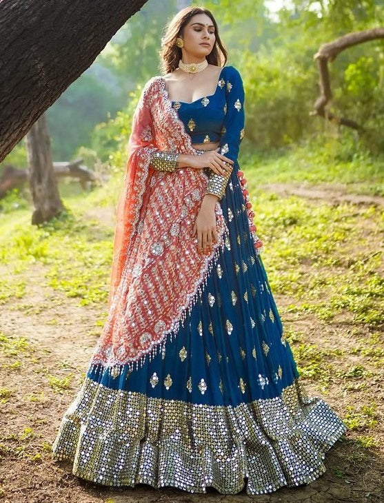 Blue butter silk heavy real mirror work wedding lehenga choli