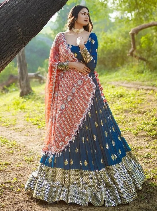 Blue butter silk heavy real mirror work wedding lehenga choli