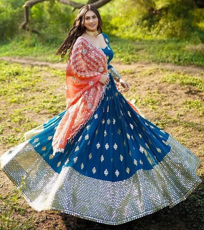 Blue butter silk heavy real mirror work wedding lehenga choli