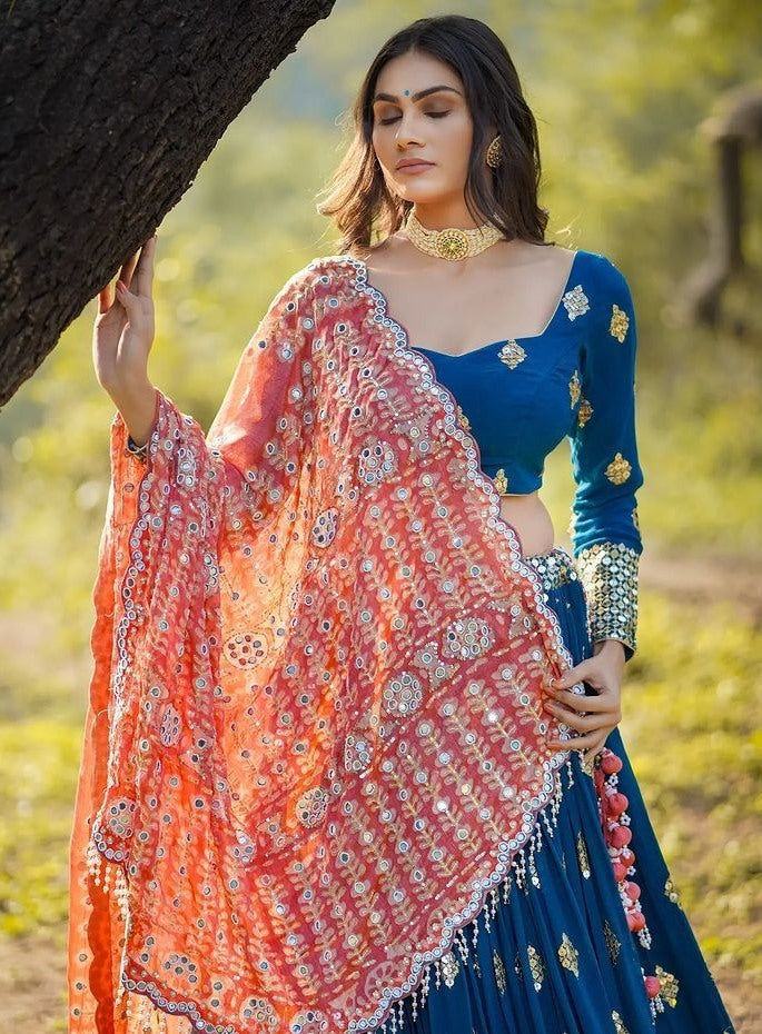 Blue butter silk heavy real mirror work wedding lehenga choli