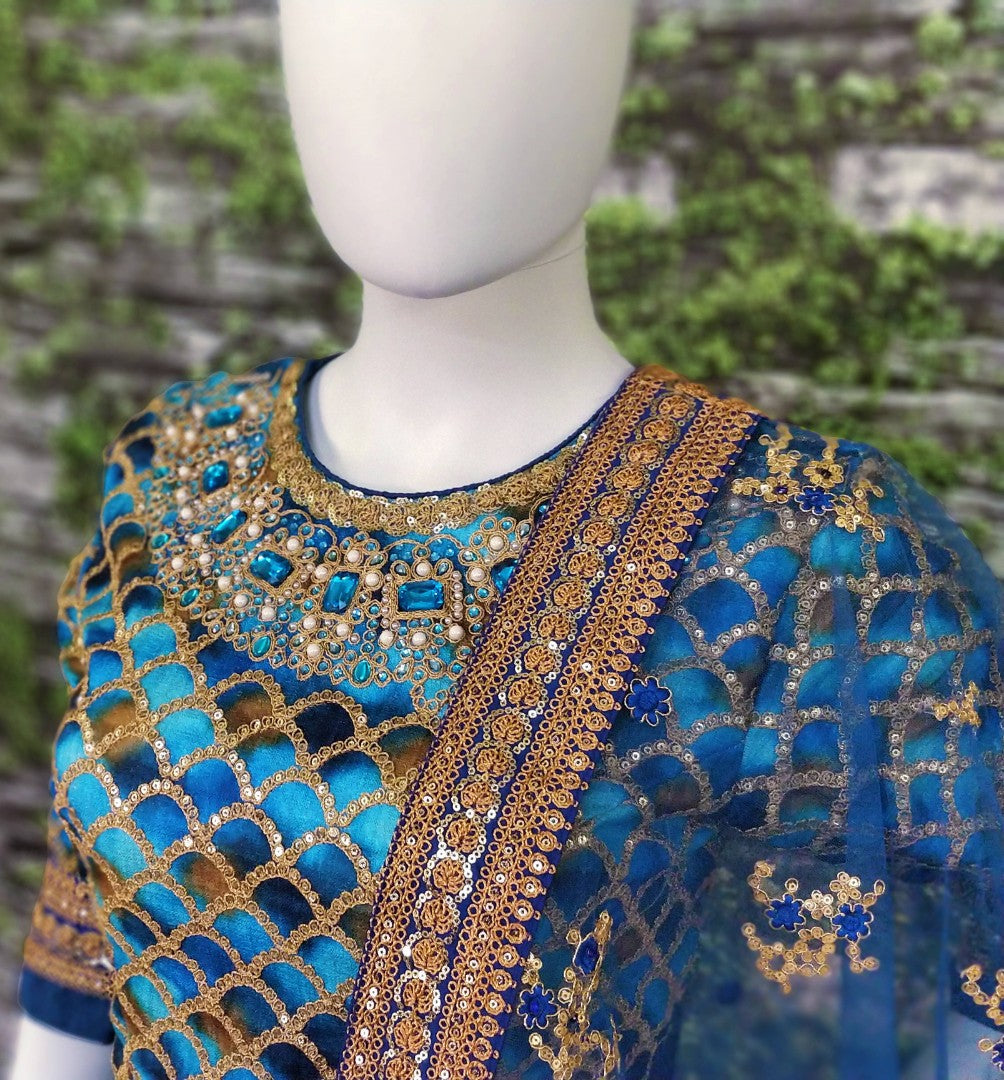 Blue chennai silk beautiful printed stone and embroidered designer ceremonial lehenga
