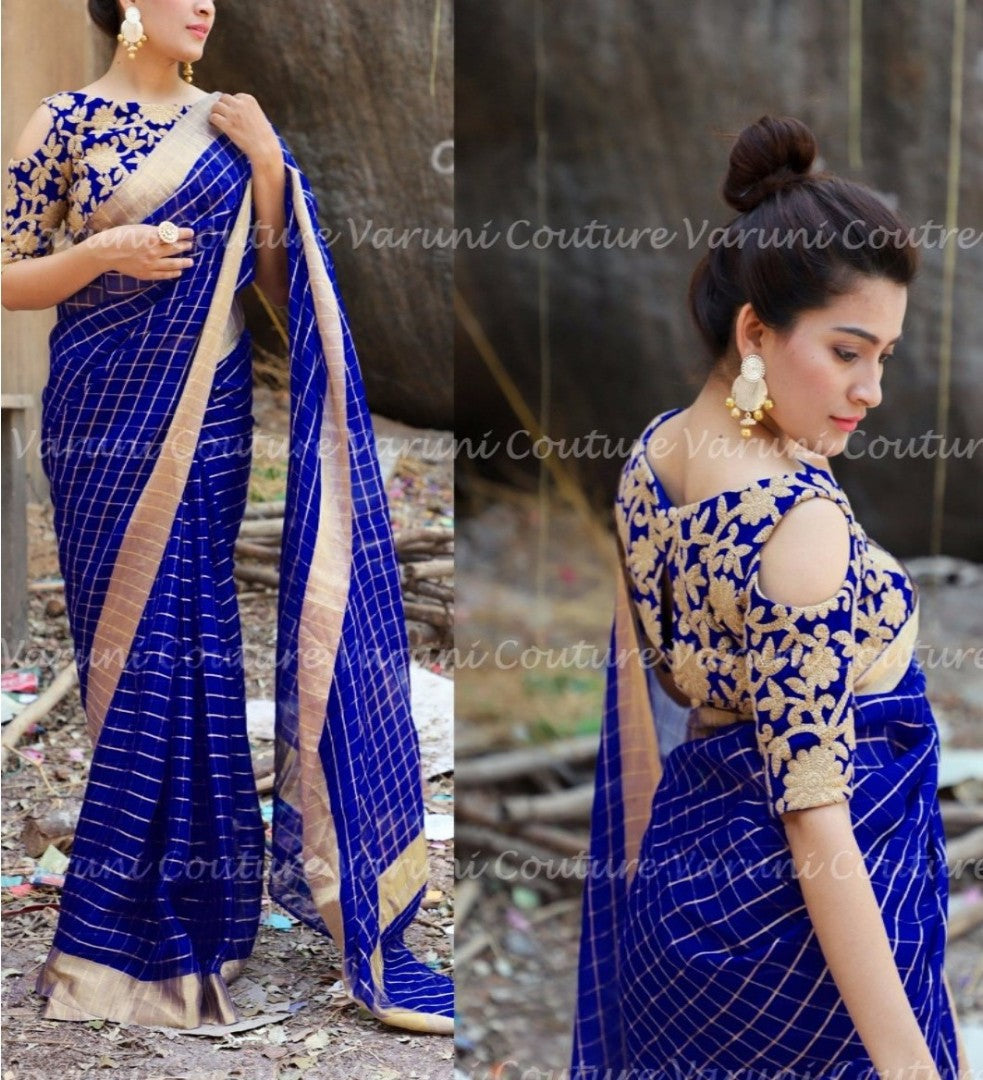 blue chex silk saree with embroidered blouse
