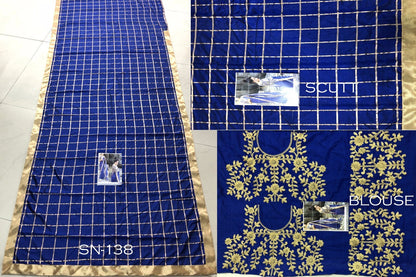 blue chex silk saree with embroidered blouse