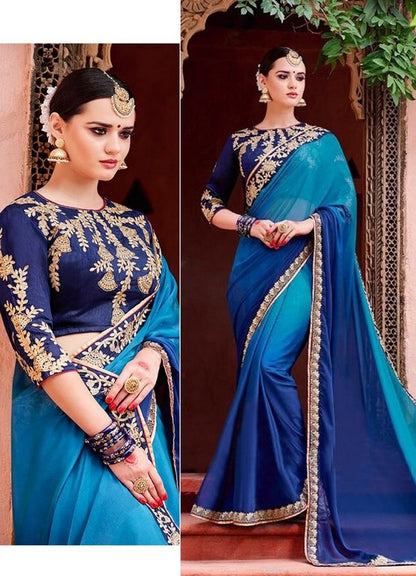 Blue chinon georgette embroidered wedding saree