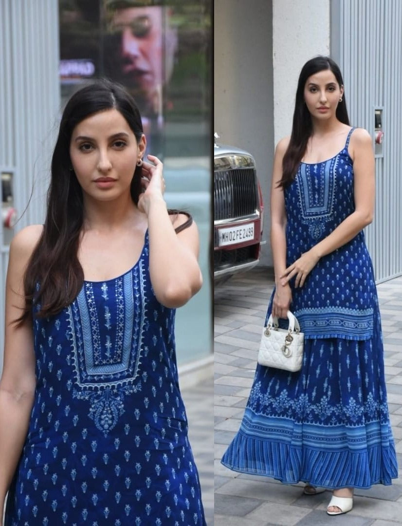 Blue chinon silk printed bollywood plazzo kurti