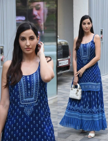Blue chinon silk printed bollywood plazzo kurti