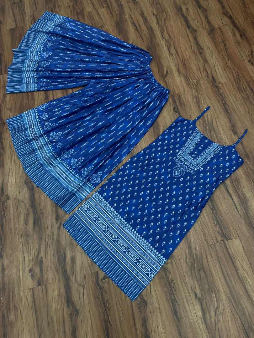 Blue chinon silk printed bollywood plazzo kurti