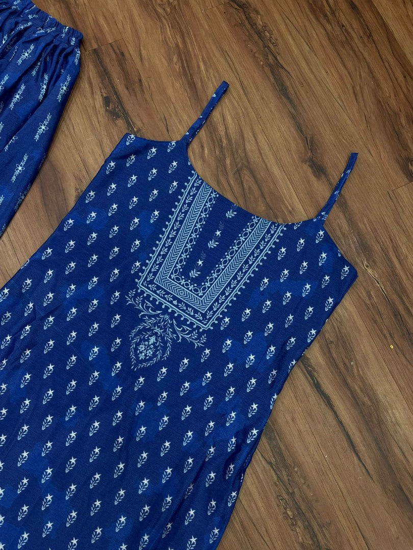 Blue chinon silk printed bollywood plazzo kurti